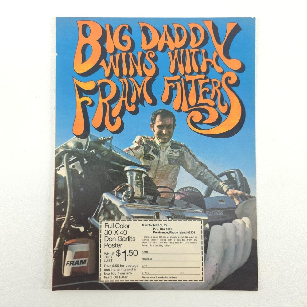 VTG 1970 Fram Filter Big Daddy Don Garlits Advertising Print Ad Promo Art Racing